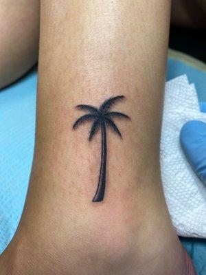 Palm tree tattoo above the ankle.