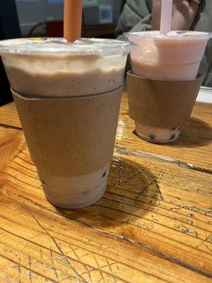 cappuccino milk tea with boba - m; strawberry milk tea with boba - m