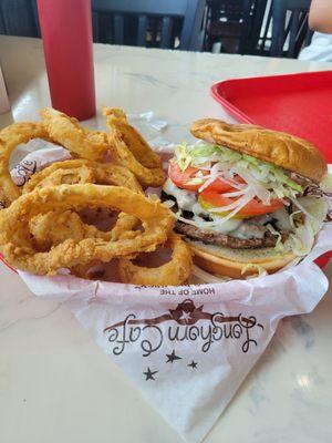 Mushroom and Swiss Burger and Onion Rings