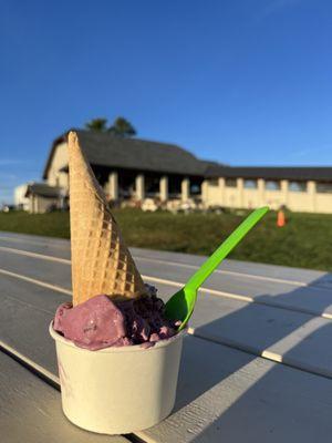 Purple Cow cone upside down in a cup with green spoons