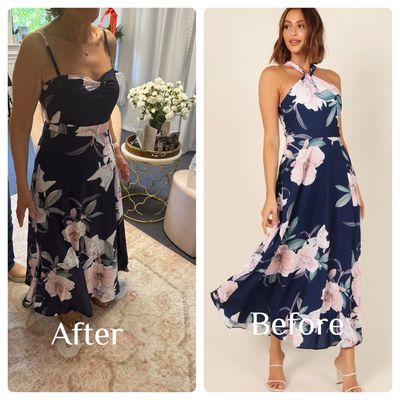 Before and after client wanted to change the neckline. Hem , boning, cups , straps rushing all done by Alterations Room.