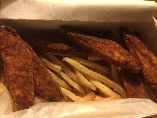 spicy boneless chicken strips with fries