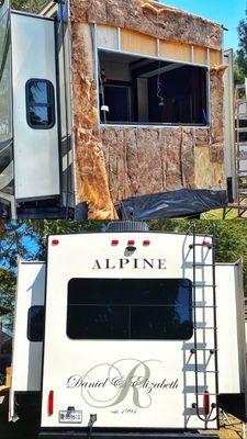 Our customer damaged his RV while traveling and we had to completely remove the rear wall to repair the structural frame of the RV.