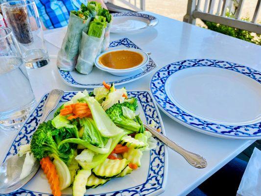 Steamed veggies and fresh rice rolls with peanut sauce