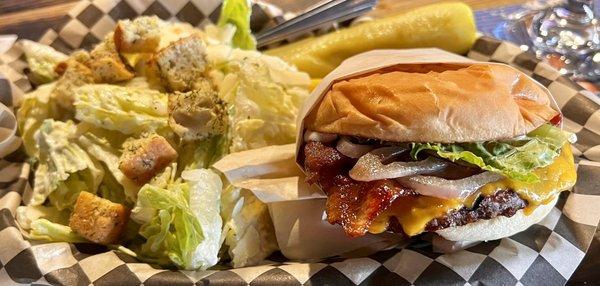 Petite Bacon Cheeseburger with a side Caesar salad