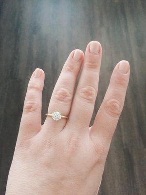 Love my custom 18-carat gold band + platinum prong setting! Thank you Debbie!