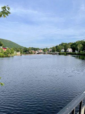 The view from the adjacent bridge next to The Bridge of Flowers is a vehicle & pedestrian bridge in Shelburne Falls MA