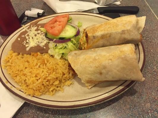 Delicious burrito dinner. Perfectly sized and delicious plate! Yum!