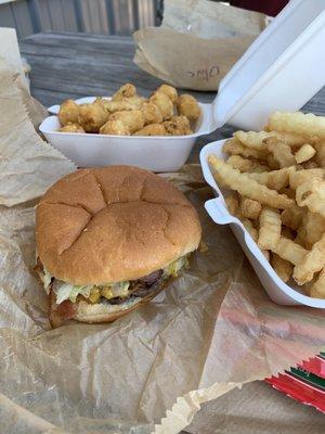 Beacon cheeseburger, fries & tots