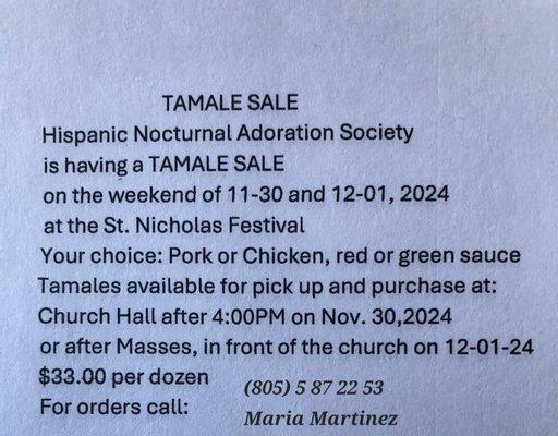 "Tamale Sale", order now for 2024 St. Nicholas Festival.