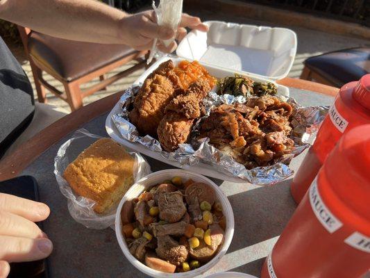 Chicken Pork Rib Tips in tangy BBQ Sauce Candied Yams collard greens with pork