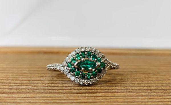 Redesigned ring with emeralds and diamonds. Made in Oklahoma Jewelry. Designed and made and Journey Jewelers.