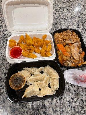 Chicken teriyaki, steamed dumplings, crab Rangoon