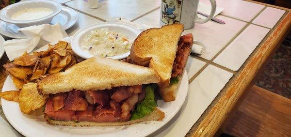 BLT extra bacon with crispy homemade chips and slaw.