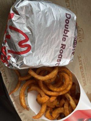 Double roast beef with curly fries.