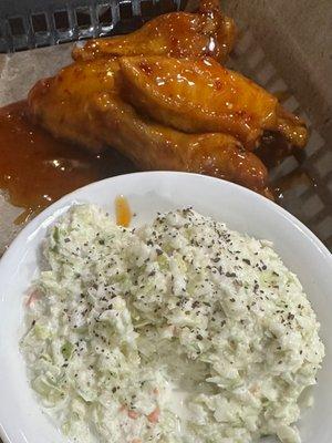 Wings with cole slaw.