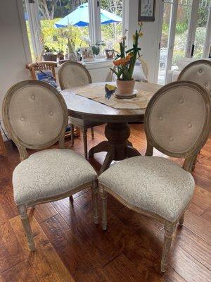 4 dining chairs, bottom cushions reupholstered.