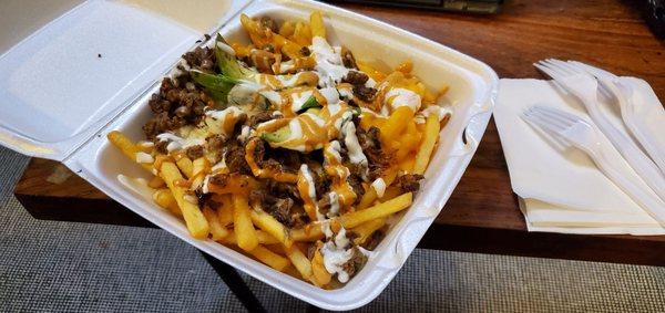 Nacho Fries with Carne Asada, no pico... Amazing!