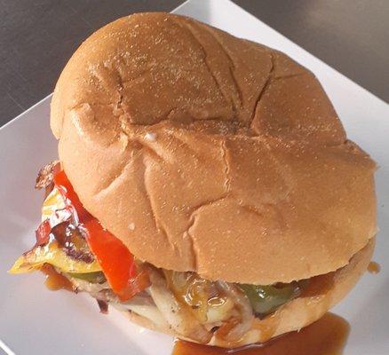 Betty's Honey Garlic Cheeseburger With Fried Onions & Peppers