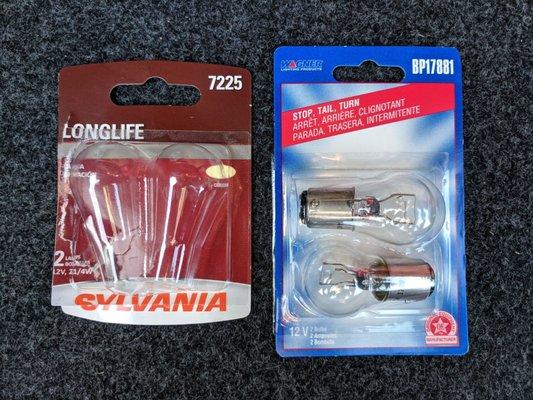 Wagner BP17881 brake / tail lights. 2 for $6.35, tax included. Equivalent to Sylvania 7225 bulbs. NAPA sells Wagner brand.