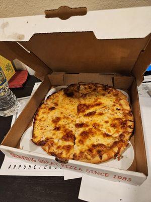 Cheese pizza delivered in around 45 minutes to an hour