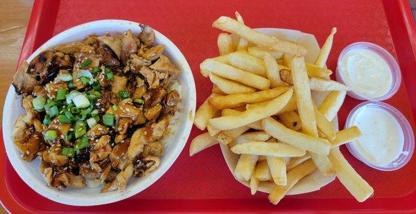 chicken teriyaki bowl and fries