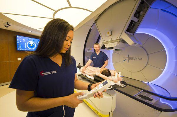 Treatment room. Proton therapy is delivered as a course of daily outpatient treatments.