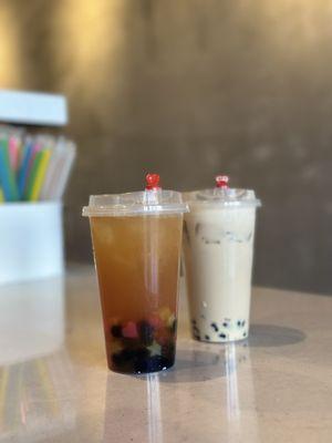 Dragon fruit jasmine green tea and mango milk tea