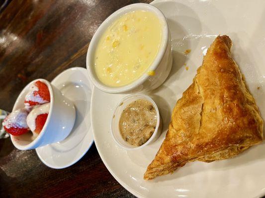 Cafè sampler: Chicken friand, corn chowder, strawberries romanoff