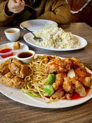 Lunch Combo (Sichuan Chicken, Sweet & Sour Pork, Chow Mein, Eggroll) Background: Salted Fish & Chicken Fried Rice