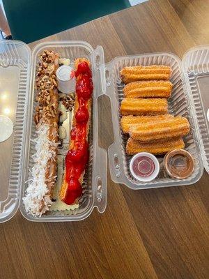 Left: El Bandido, middle: classic churro with cherry, right: 6 piece churro bites with Nutella and strawberry dipping sauce