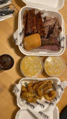 Tri tip, brisket, ribs, roll , garlic fries, & Mac n cheese