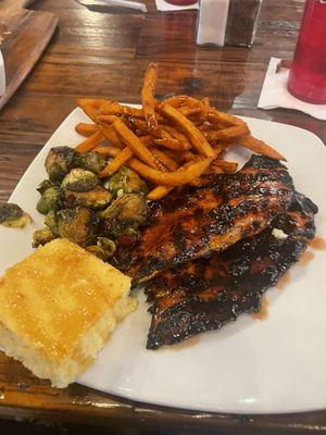 BBQ chicken, Brussels, and sweet potato fries. Yum!