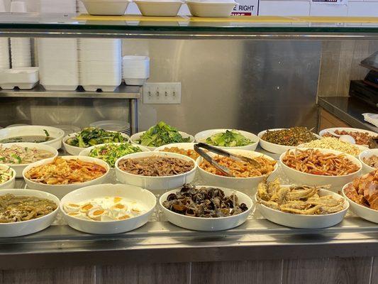 4/26/21 (mon): Display of food items (pic 1 of 2). Choose 3 item lunch combo for $8.50 + tax.