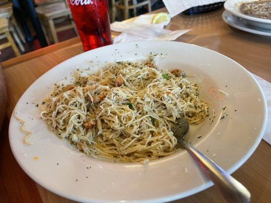 The special - angel hair with crab and crawfish! Delicious garlic flavor!