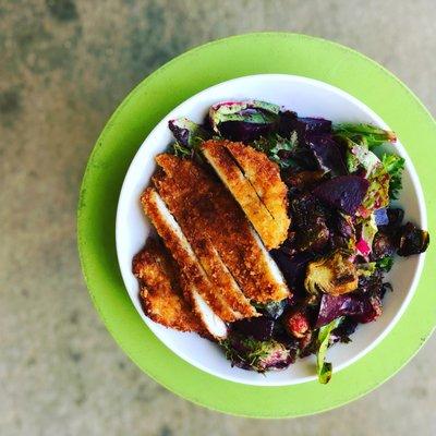 Beet and Brussels Sprouts Salad with Fried Chicken