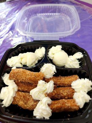 Churros and vanilla ice cream.