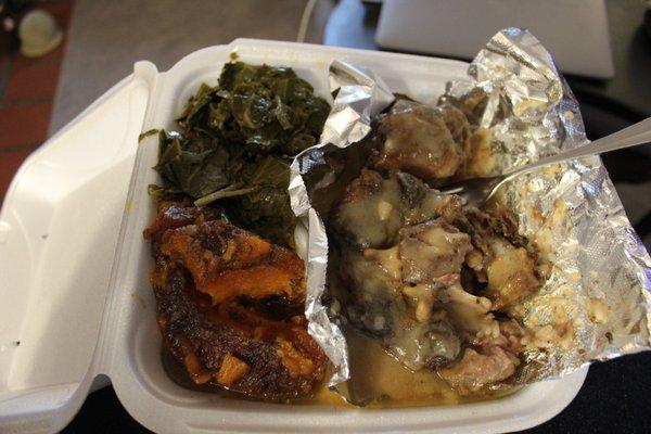 Ox tails with candied sweet potatoes and greens-yum!