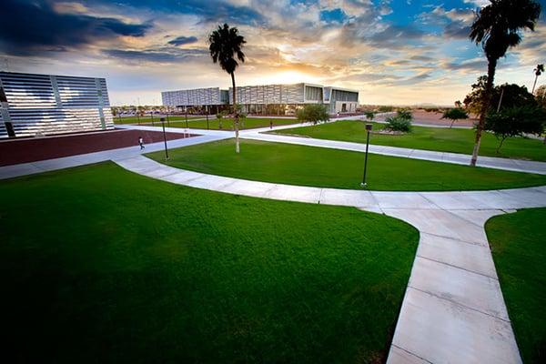 The center of main campus at sunset.