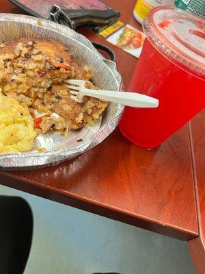 Salmon Cakes, Eggs and a fruit punch Kool Aid.