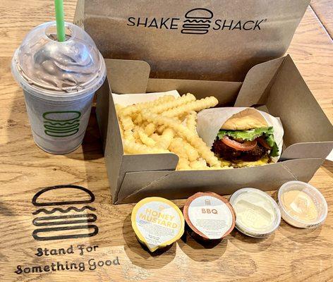 Oreo cookie funnel cake shake, fries, shack stack and sauces.