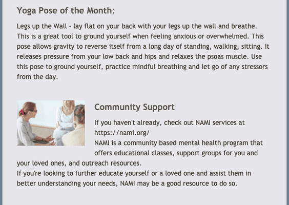 Subscribe to receive our monthly newsletters to learn about new services, coping skills, yoga poses and community resources!