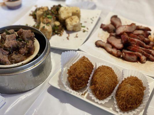 Siumai, salt and pepper tofu, bbq pork, taro puff.