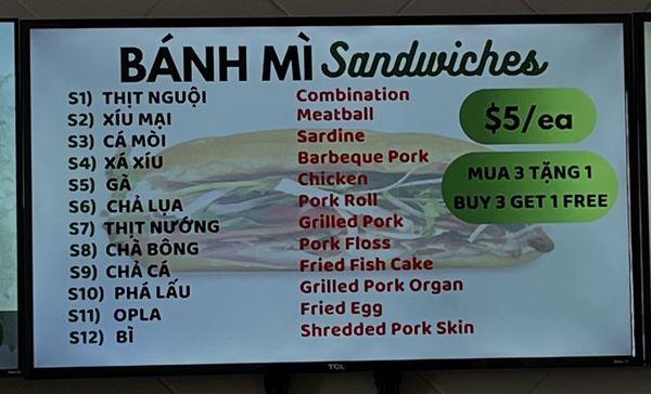 Banh mi menu