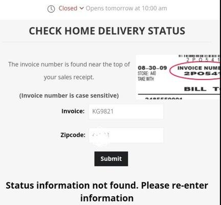 Suddenly the delivery status was unavailable after waiting all day and calling twice.  Unable to reach anyone - not even "customer service".