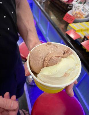 Large scoop chocolate and vanilla frozen custard.