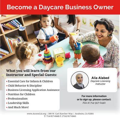 Join us and start your own daycare business at home. 
Family Child Care Home Licensing Course.