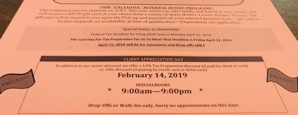 Client Appreciation Day is on Valentine's Day this year! Bring us your taxes on February 14th and receive up to a 12% discount!