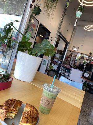 Bacon egg and cheese bagel, Matcha moss drink.