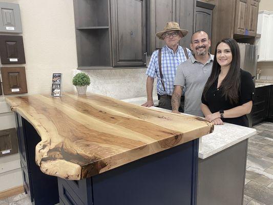 Awesome kitchen island wood slab countertop created by WoodSwan featured at Prestige Cabinets (across from WalMart) in Ruidoso Downs.